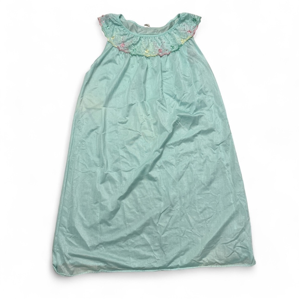 Vintage Nylon Nightgown Aqua Sheer Embroidered Floral Trim Medium USA